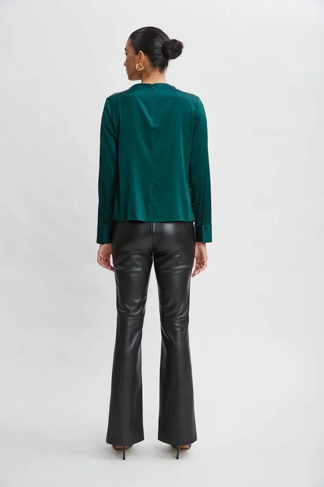 Elie Tahari Silk Satin Draped Neck Shirt Forest Green Women Tops