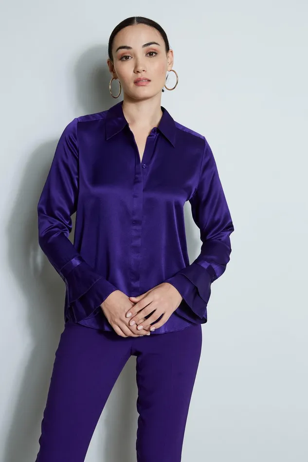 Elie Tahari Silk Satin Ruffle Cuff Shirt Winter Plum Women Tops