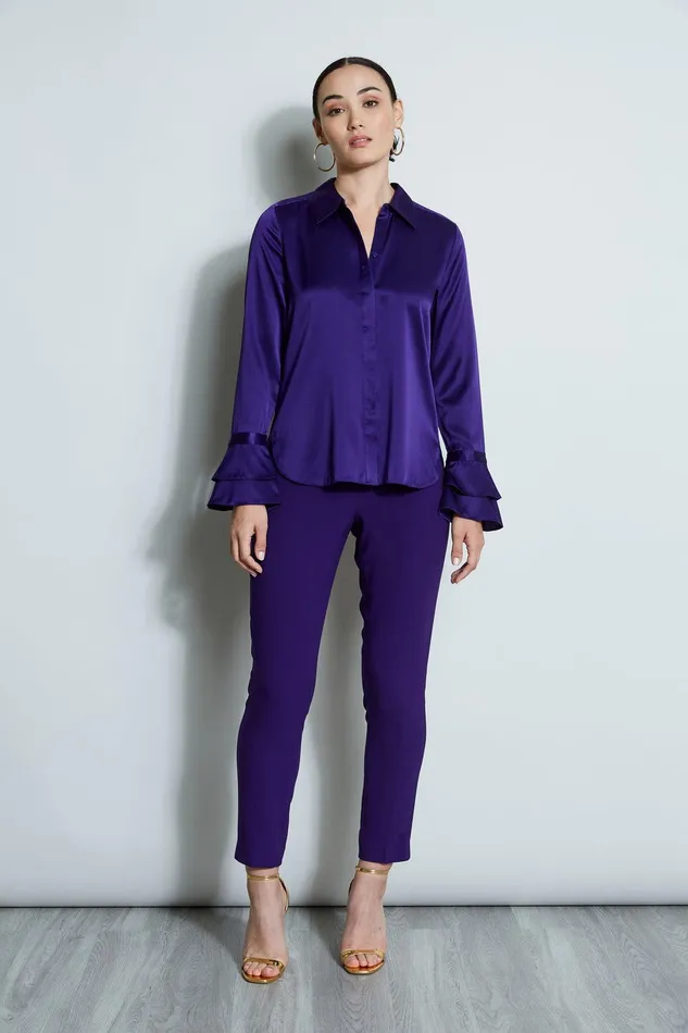 Elie Tahari Silk Satin Ruffle Cuff Shirt Winter Plum Women Tops