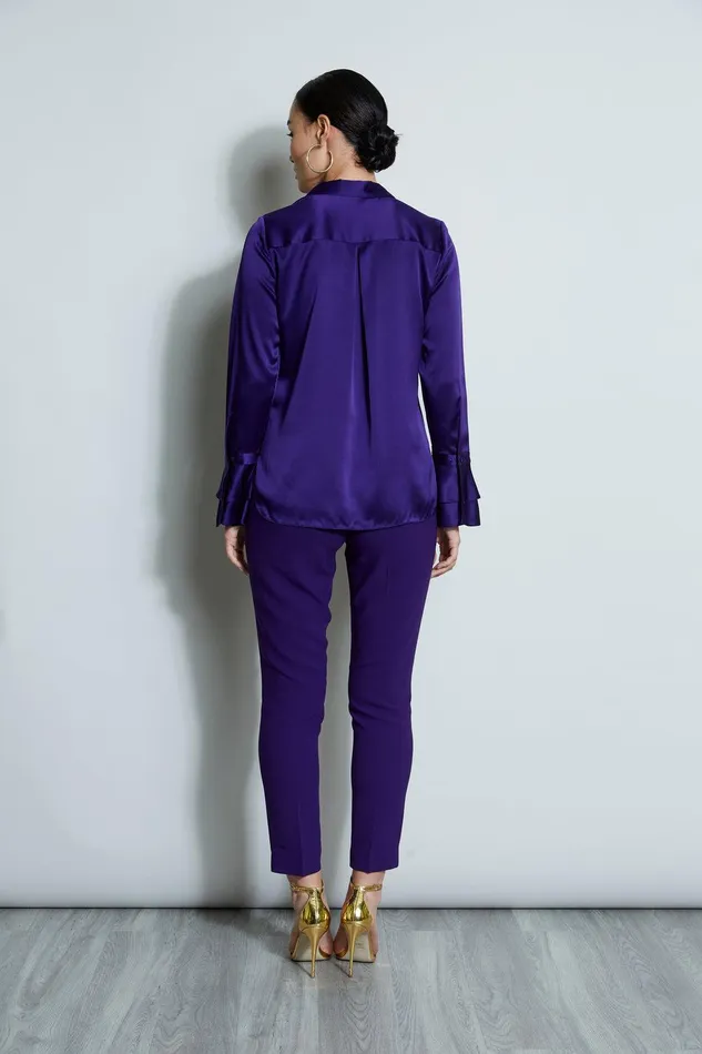 Elie Tahari Silk Satin Ruffle Cuff Shirt Winter Plum Women Tops