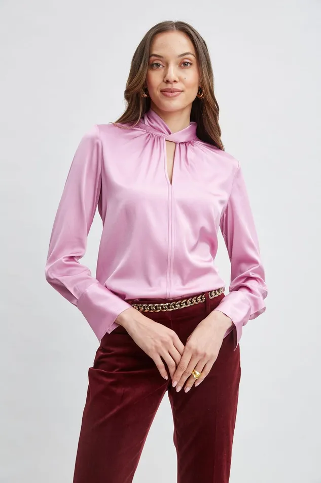 Elie Tahari Silk Satin Twist Neck Shirt Crystal Pink Women Tops