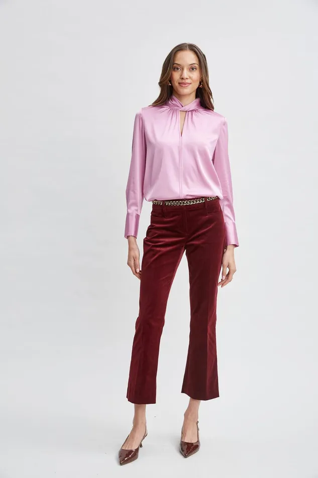 Elie Tahari Silk Satin Twist Neck Shirt Crystal Pink Women Tops