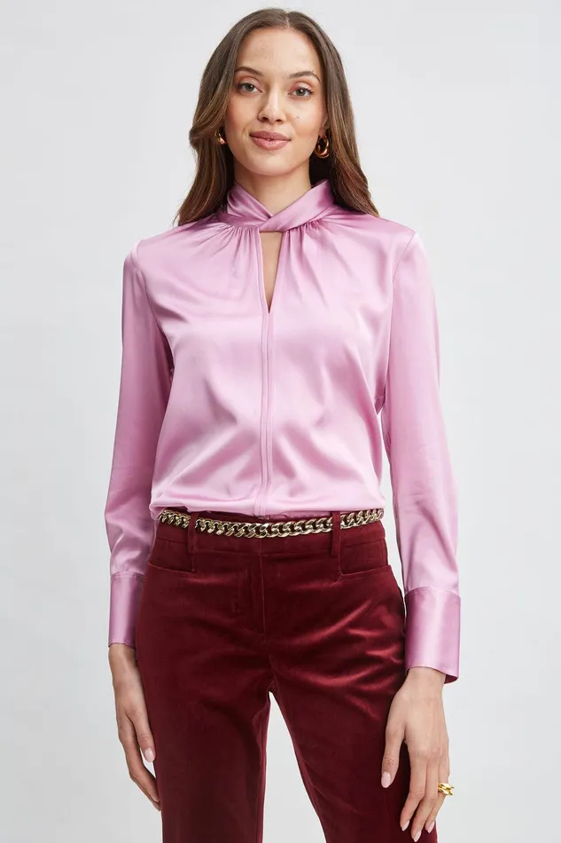 Elie Tahari Silk Satin Twist Neck Shirt Crystal Pink Women Tops