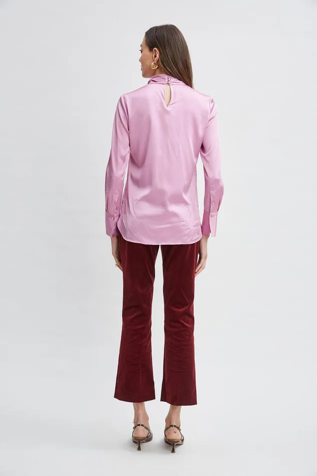 Elie Tahari Silk Satin Twist Neck Shirt Crystal Pink Women Tops