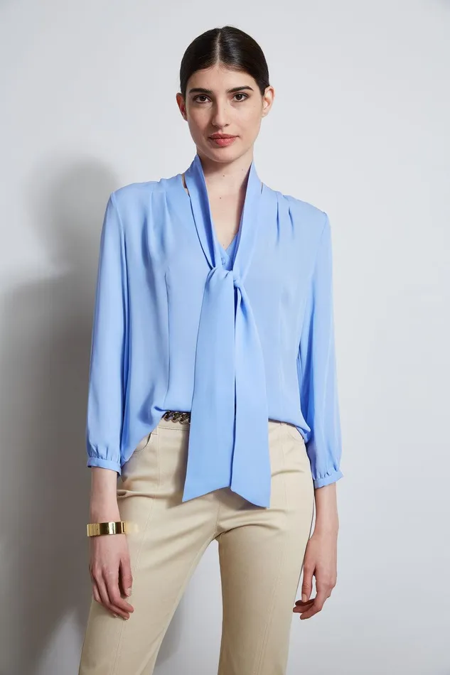 Elie Tahari Silk Tie Button Shirt Horizon Blue Women Tops