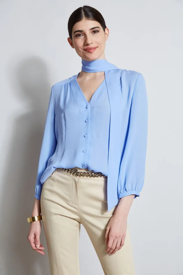 Elie Tahari Silk Tie Button Shirt Horizon Blue Women Tops