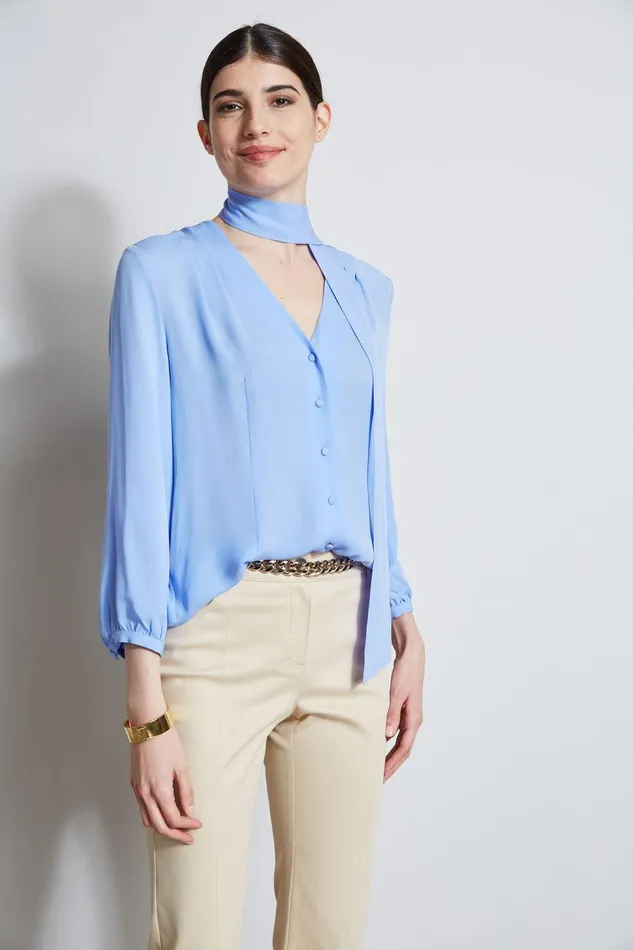 Elie Tahari Silk Tie Button Shirt Horizon Blue Women Tops