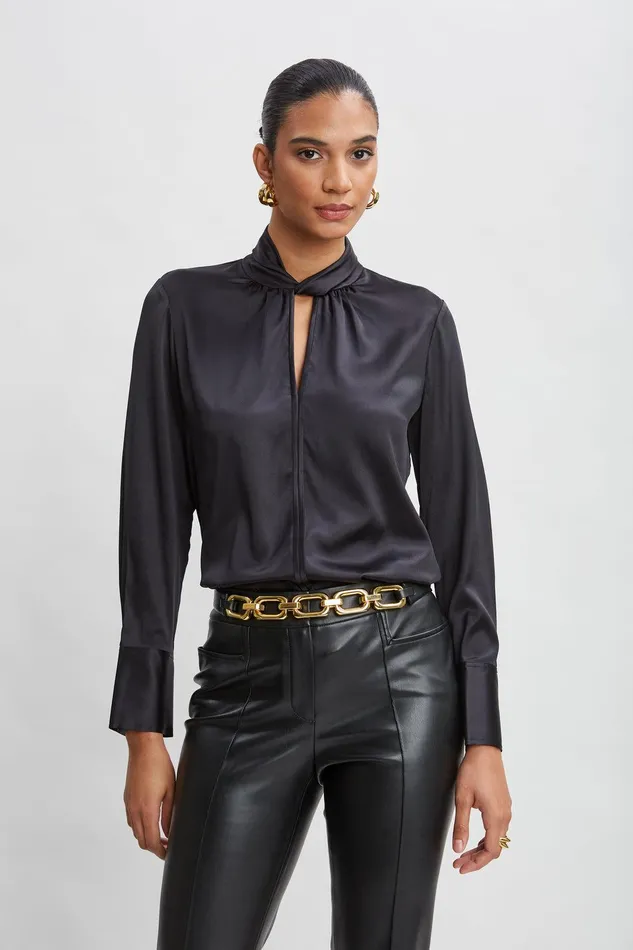Elie Tahari Silk Twist Neck Shirt Black Women Tops