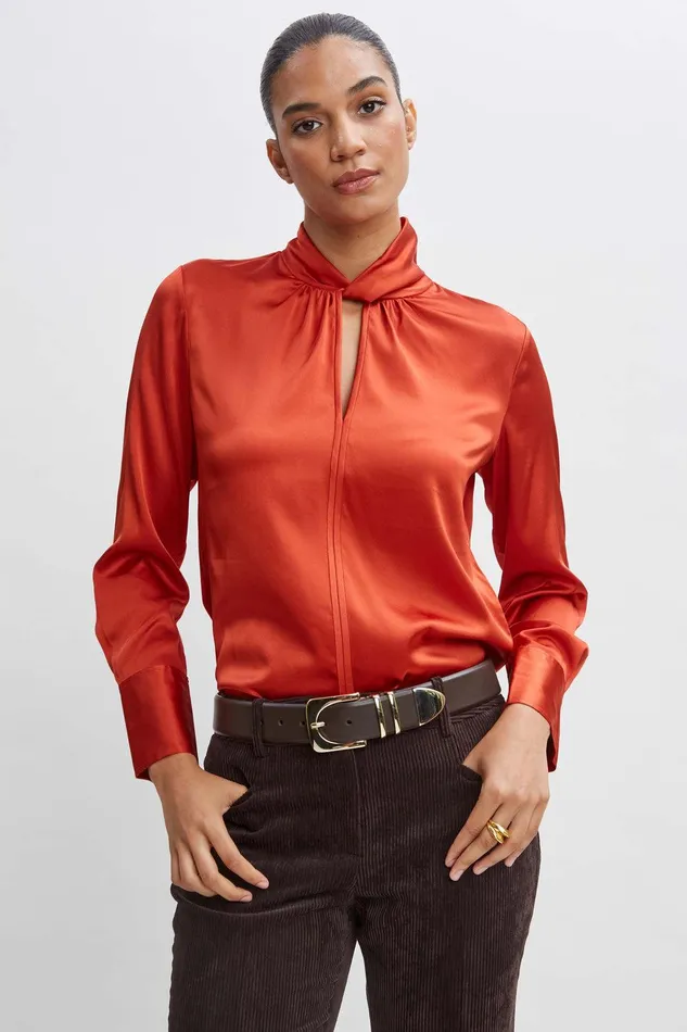 Elie Tahari Silk Twist Neck Shirt Russet Women Tops