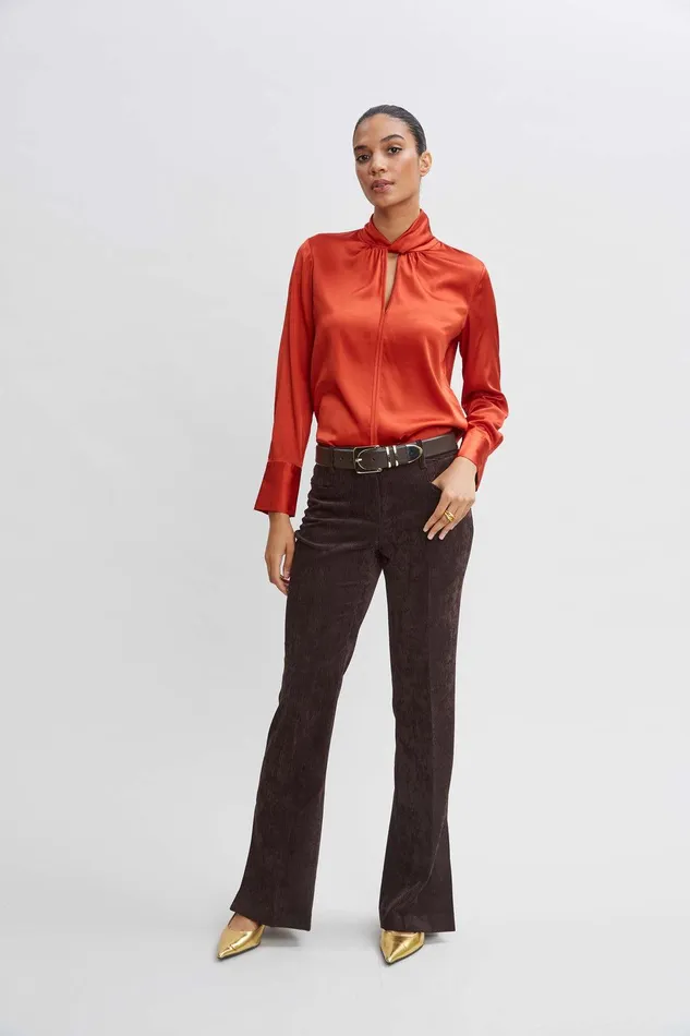 Elie Tahari Silk Twist Neck Shirt Russet Women Tops
