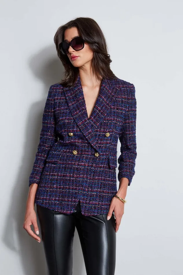 Elie Tahari Tweed Ruched Sleeve Double Breasted Blazer Multi Women Suiting