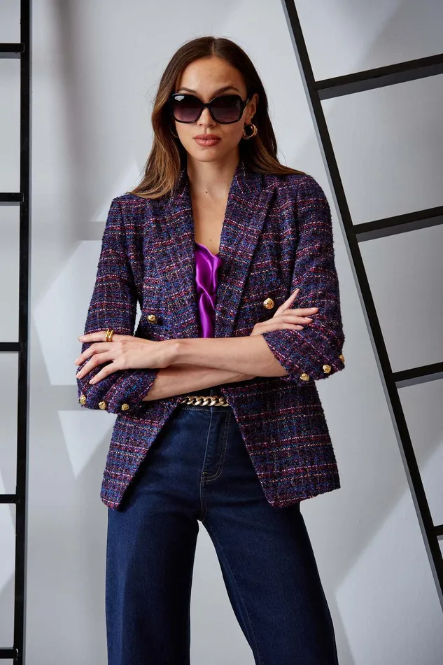 Elie Tahari Tweed Ruched Sleeve Double Breasted Blazer Multi Women Suiting