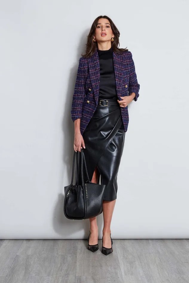 Elie Tahari Tweed Ruched Sleeve Double Breasted Blazer Multi Women Suiting