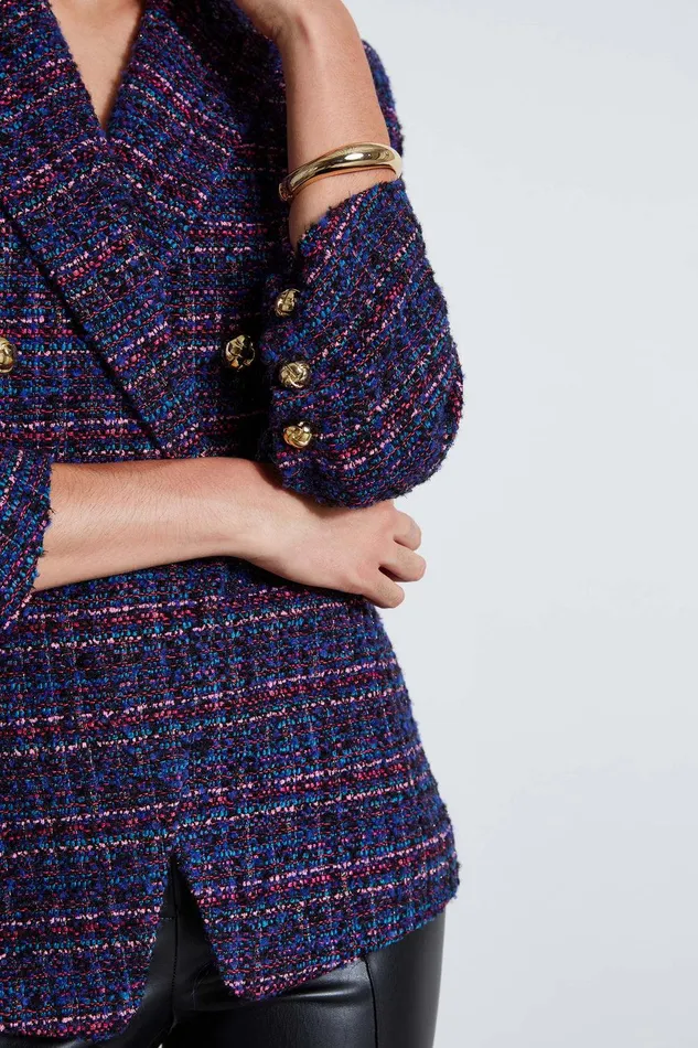Elie Tahari Tweed Ruched Sleeve Double Breasted Blazer Multi Women Suiting