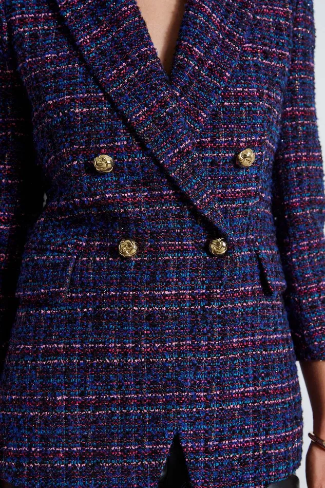 Elie Tahari Tweed Ruched Sleeve Double Breasted Blazer Multi Women Suiting