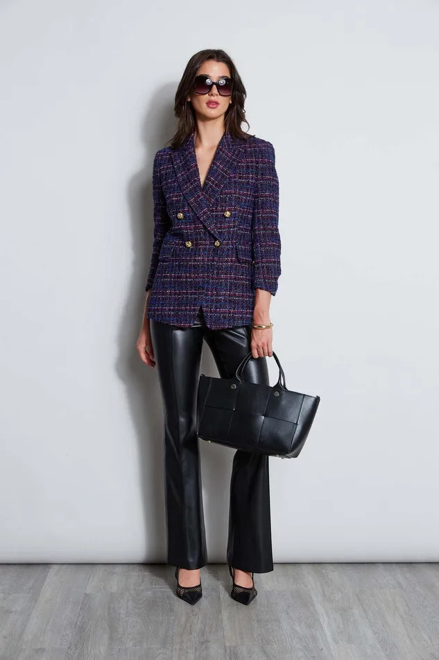 Elie Tahari Tweed Ruched Sleeve Double Breasted Blazer Multi Women Suiting
