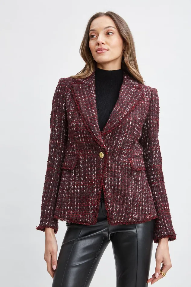 Elie Tahari Tweed Single Button Blazer Cordovan Multi Women Jackets and Blazers Elie Tahari Tweed Single Button Blazer Cordovan Multi Women Jackets and Blazers