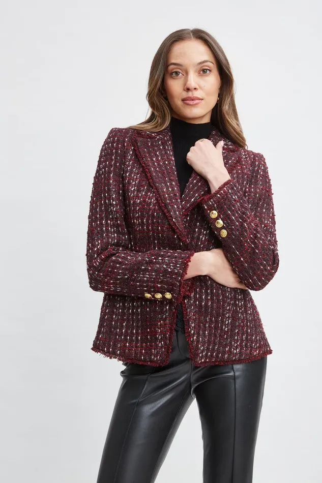 Elie Tahari Tweed Single Button Blazer Cordovan Multi Women Jackets and Blazers