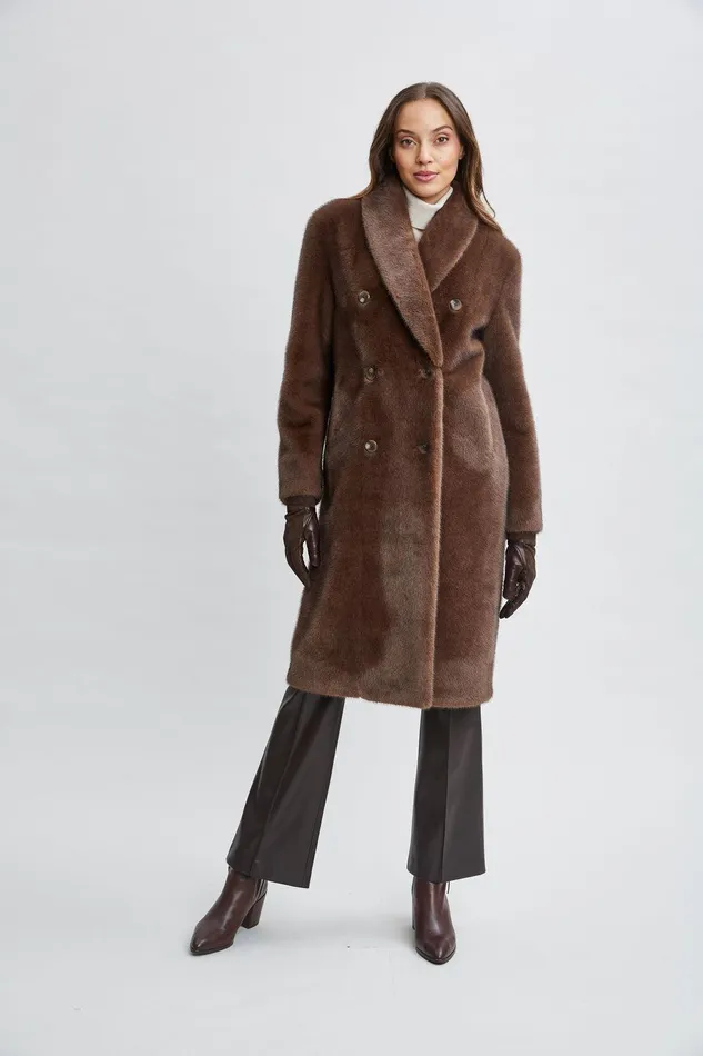 Elie Tahari Vegan Fur Double Breasted Coat Cocoa Mink Women Coats