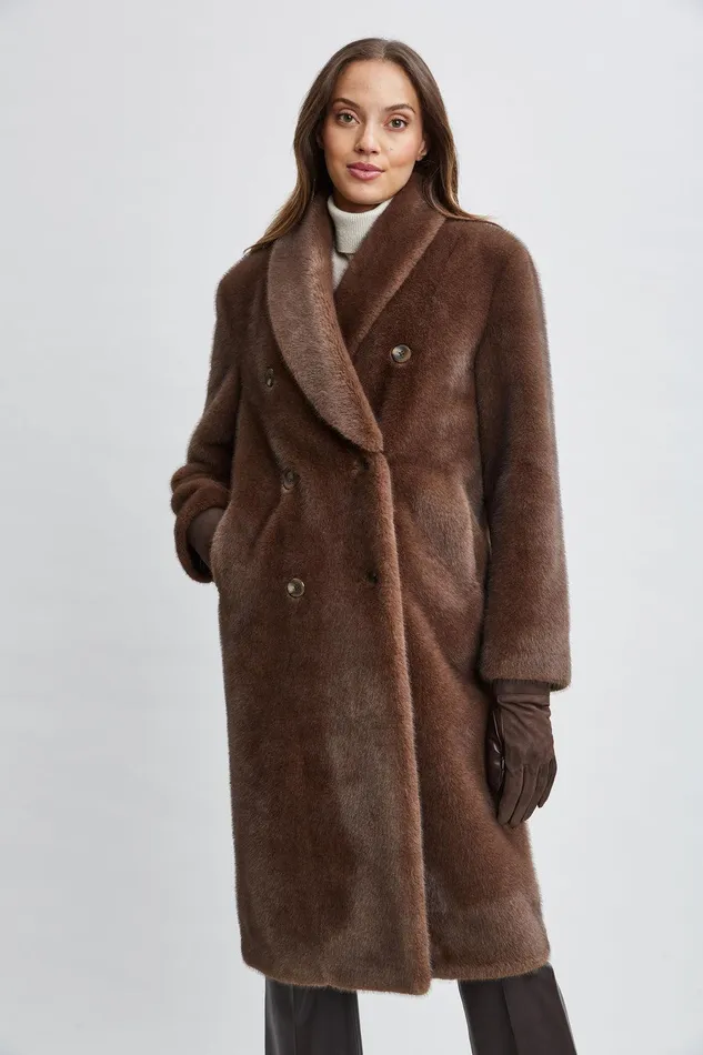 Elie Tahari Vegan Fur Double Breasted Coat Cocoa Mink Women Coats