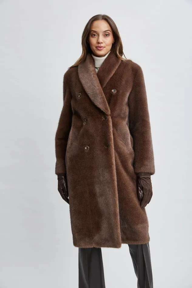 Elie Tahari Vegan Fur Double Breasted Coat Cocoa Mink Women Coats