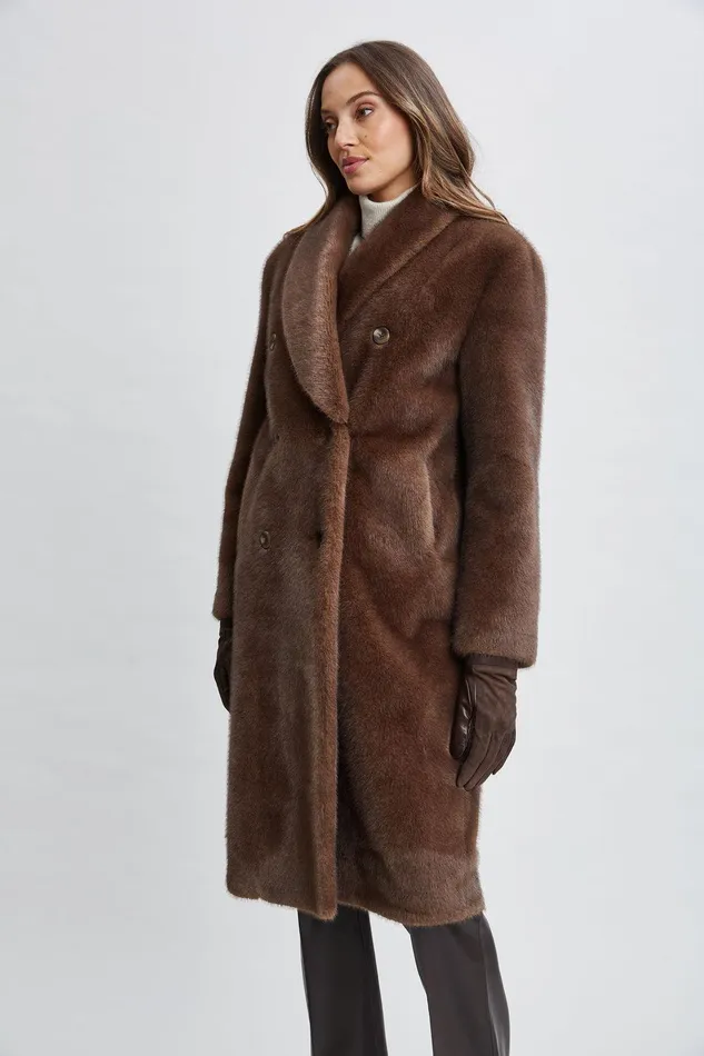 Elie Tahari Vegan Fur Double Breasted Coat Cocoa Mink Women Coats