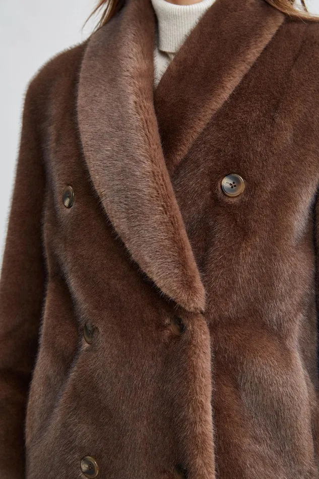 Elie Tahari Vegan Fur Double Breasted Coat Cocoa Mink Women Coats