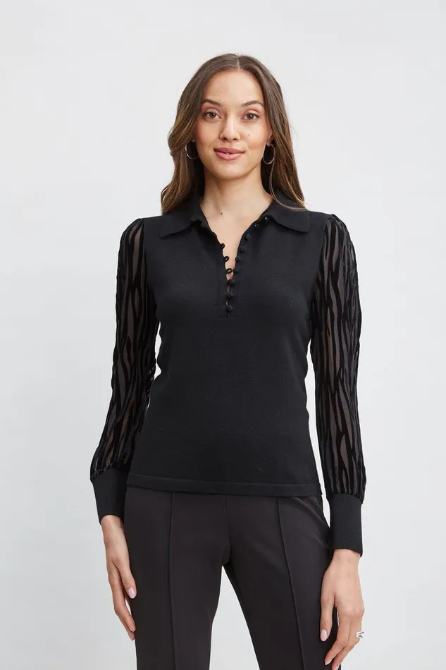Elie Tahari Velvet Burnout Sleeve Polo Sweater Black Women Tops