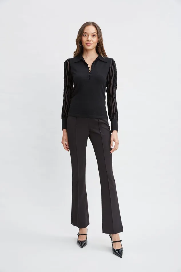 Elie Tahari Velvet Burnout Sleeve Polo Sweater Black Women Tops