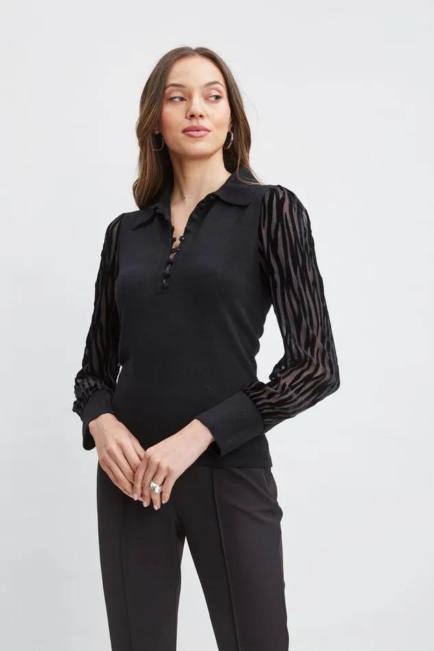 Elie Tahari Velvet Burnout Sleeve Polo Sweater Black Women Tops