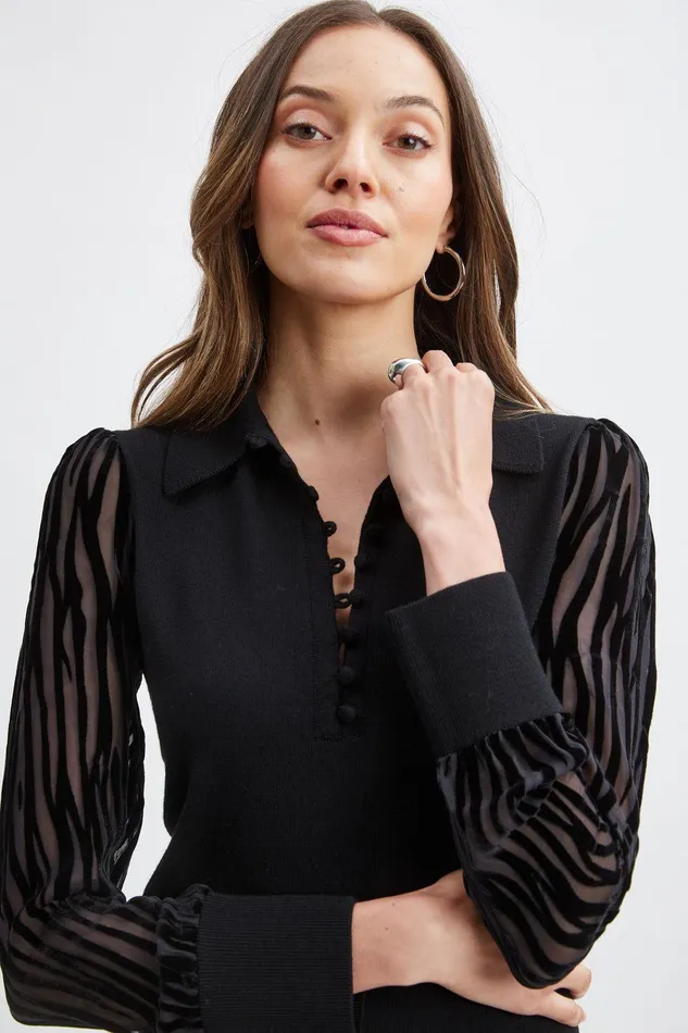 Elie Tahari Velvet Burnout Sleeve Polo Sweater Black Women Tops