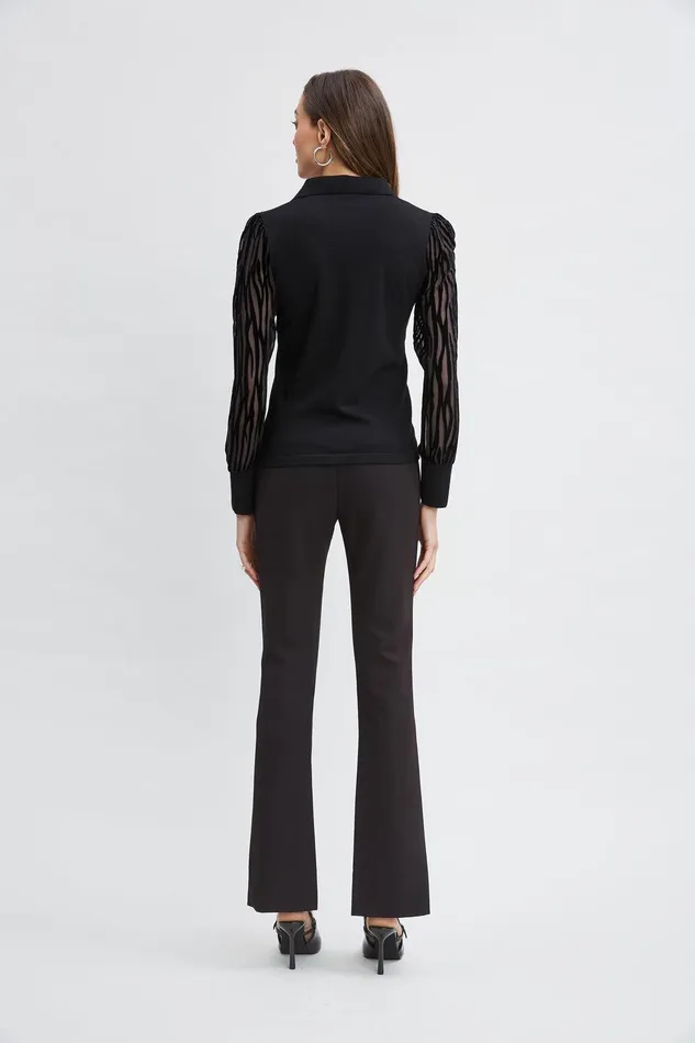 Elie Tahari Velvet Burnout Sleeve Polo Sweater Black Women Tops