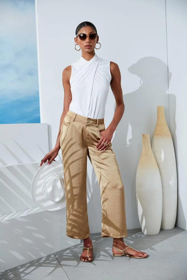 Elie Tahari Washed Satin Fluid Pant Sandcastle Women Bottoms