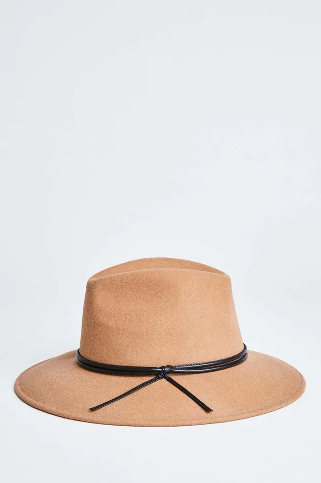 Elie Tahari Wool Wide Brim Leather Trim Fedora Hat Camel Women Handbags