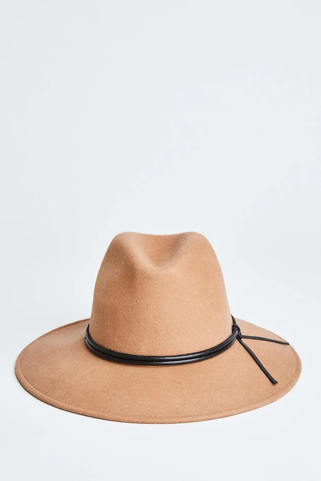 Elie Tahari Wool Wide Brim Leather Trim Fedora Hat Camel Women Handbags