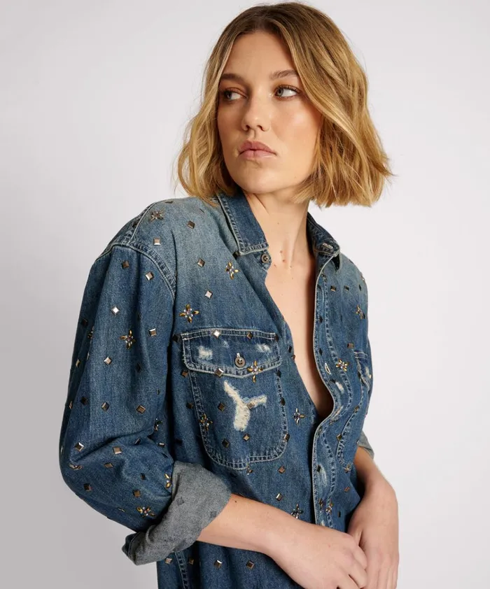 EMBELLISHED EVERYDAY DENIM SHIRT Women One Teaspoon Denim Tops EMBELLISHED EVERYDAY DENIM SHIRT Women One Teaspoon Denim Tops