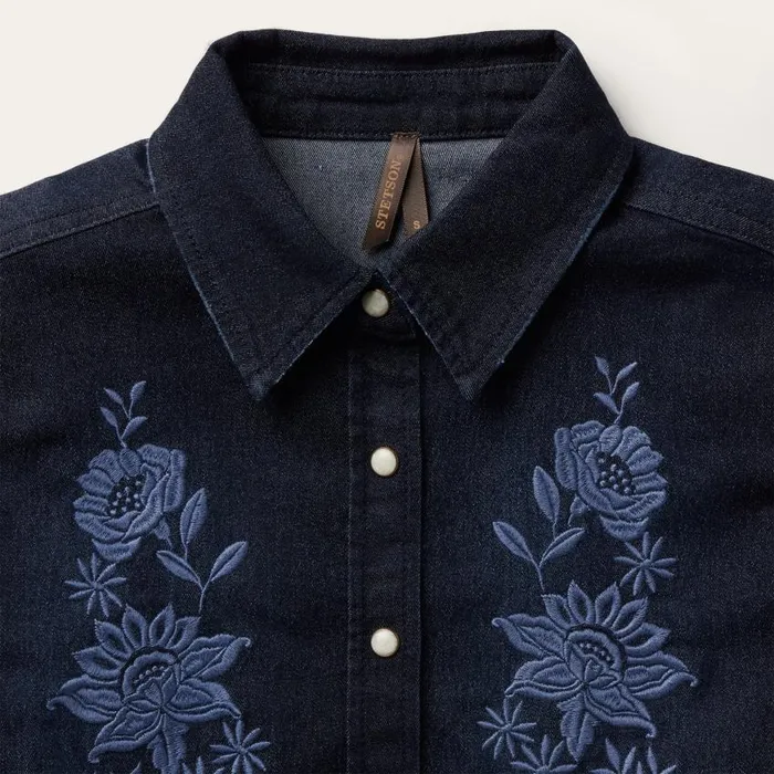 Embroidered Dark Denim Snap Front Shirt Blue Women Stetson Denim Shirts