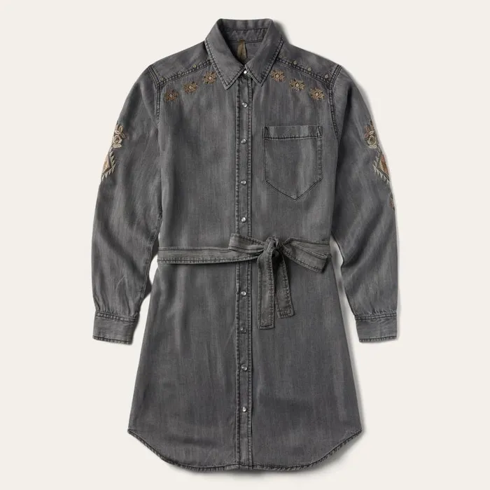 Embroidered Snap Front Shirt Dress Black Women Stetson Mini