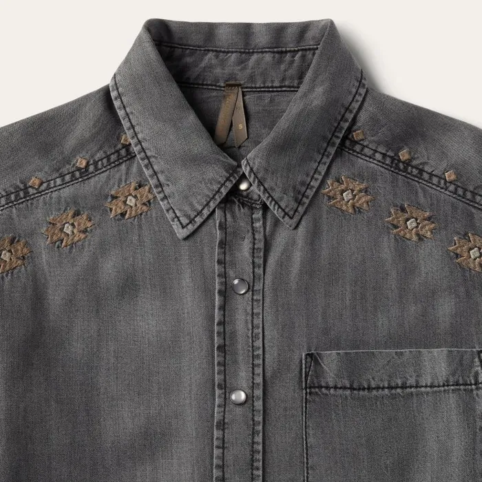 Embroidered Snap Front Shirt Dress Black Women Stetson Mini