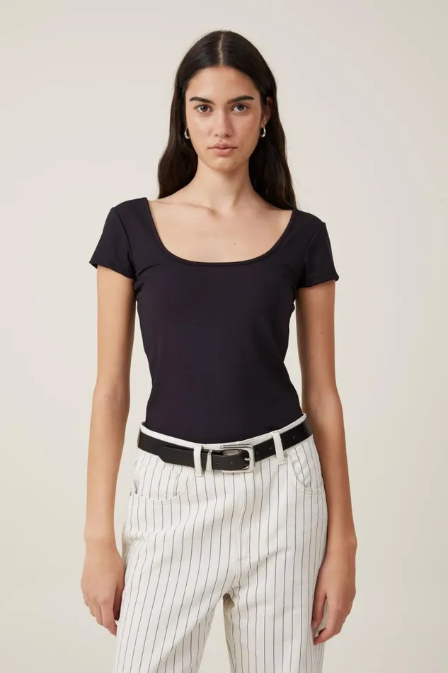 Emily Double Scoop Short Sleeve Black Women Cotton On Tops