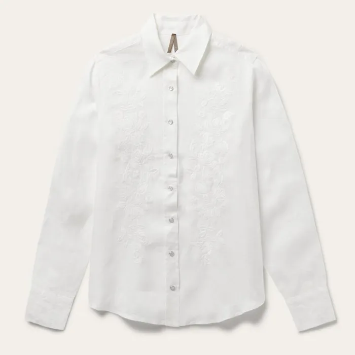 Floral Embroidered White Linen Shirt White Women Stetson Western Shirts