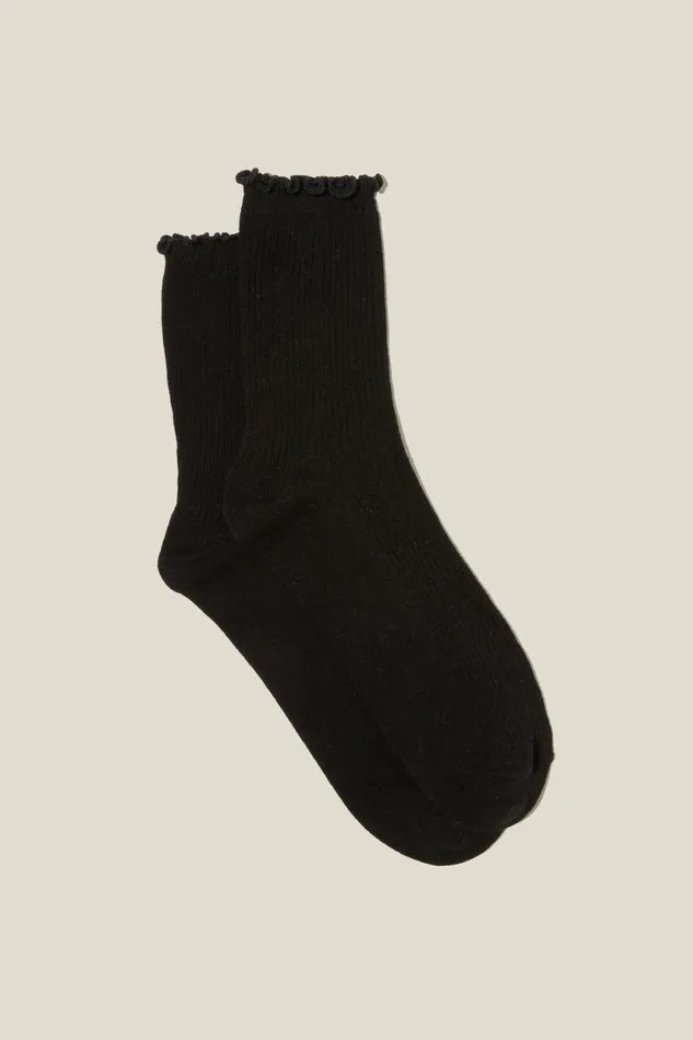 Frill Ribbed Crew Sock Solid Black Women Cotton On Socks