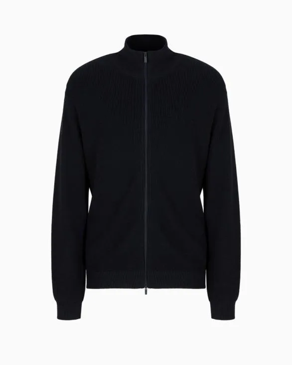 Full Zip Cardigan In Cotton And Wool Blend With Ribs Navyblue Men Armani Knitwear
