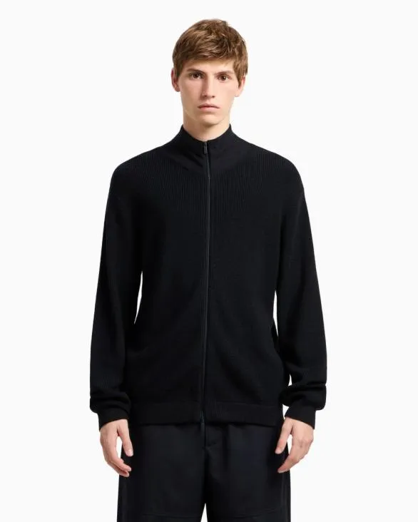 Full Zip Cardigan In Cotton And Wool Blend With Ribs Navyblue Men Armani Knitwear Full Zip Cardigan In Cotton And Wool Blend With Ribs Navyblue Men Armani Knitwear
