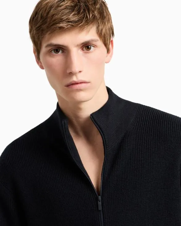 Full Zip Cardigan In Cotton And Wool Blend With Ribs Navyblue Men Armani Knitwear Full Zip Cardigan In Cotton And Wool Blend With Ribs Navyblue Men Armani Knitwear
