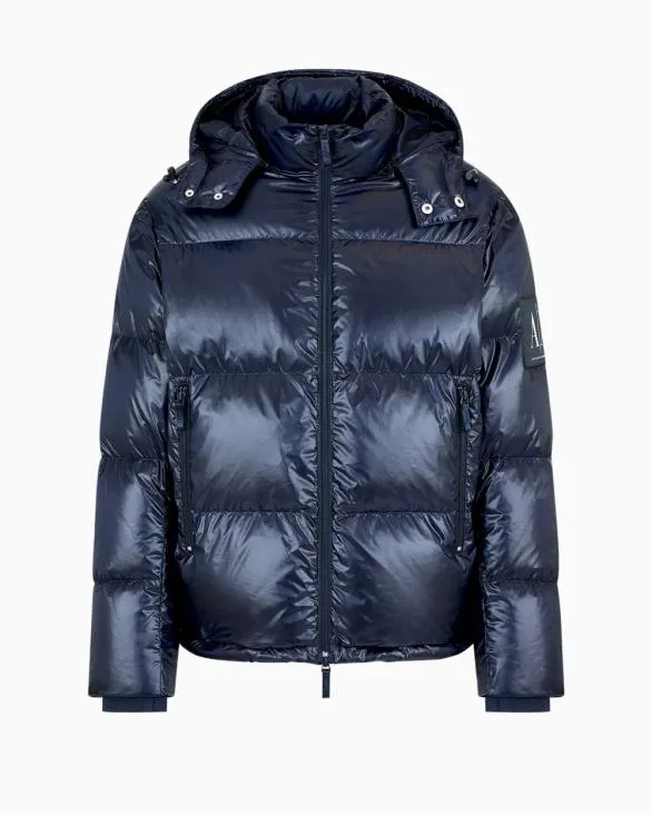 Full Zip Down Jacket With Hood Blue Men Armani Outerwear