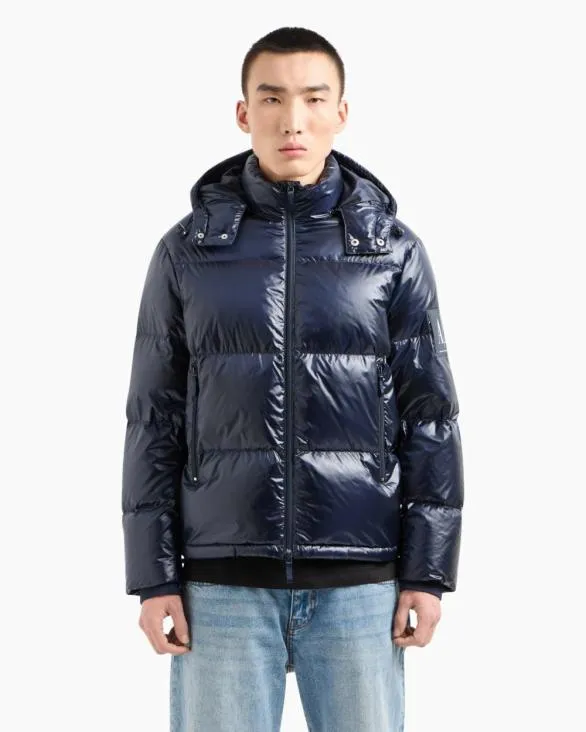 Full Zip Down Jacket With Hood Blue Men Armani Outerwear Full Zip Down Jacket With Hood Blue Men Armani Outerwear
