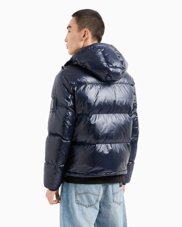 Full Zip Down Jacket With Hood Blue Men Armani Outerwear Full Zip Down Jacket With Hood Blue Men Armani Outerwear