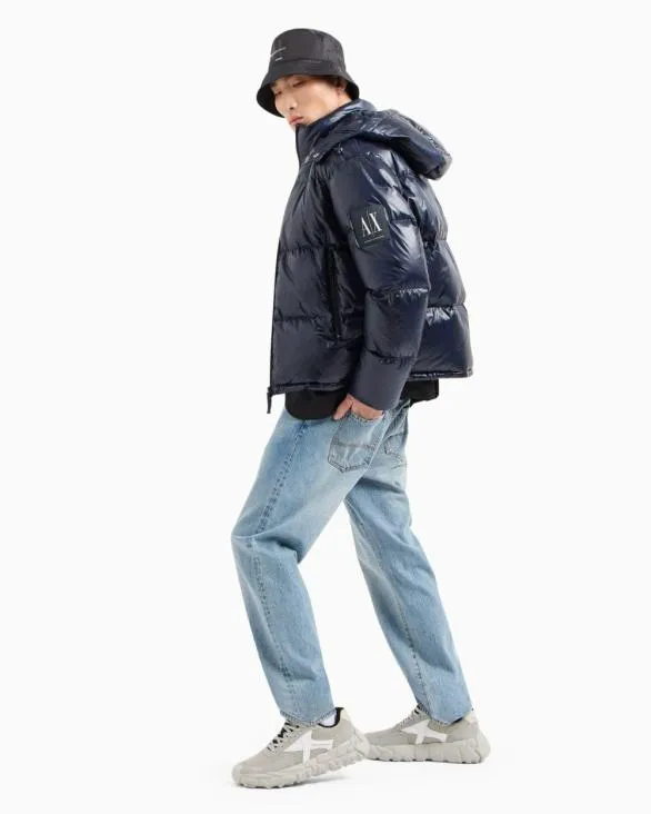 Full Zip Down Jacket With Hood Blue Men Armani Outerwear Full Zip Down Jacket With Hood Blue Men Armani Outerwear