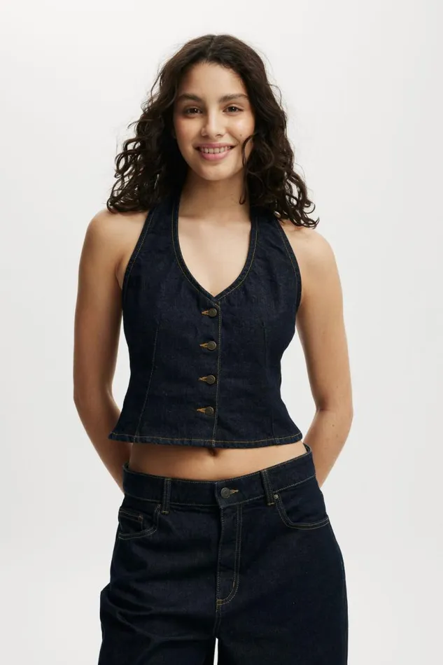 Harley Denim Halter Vest Indigo Women Cotton On Jackets